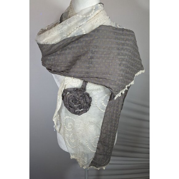 Vintage Floral Embroidered Lace Grey And White Scarf - Picture 5 of 6